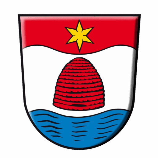 Wappen von Parkstetten in den Farben rot, weiß und blau. Darauf ist ein sechsstrahliger goldener Stern, ein roter Bienenkorb und darunter blaue Wellen.