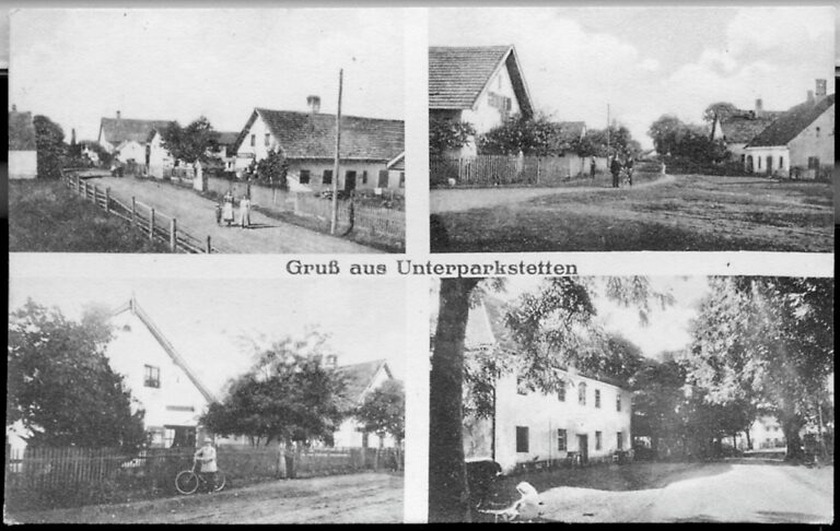 Alte Postkarte in Schwarzweiß mit den Titel"Gruß aus Unterparkstetten"