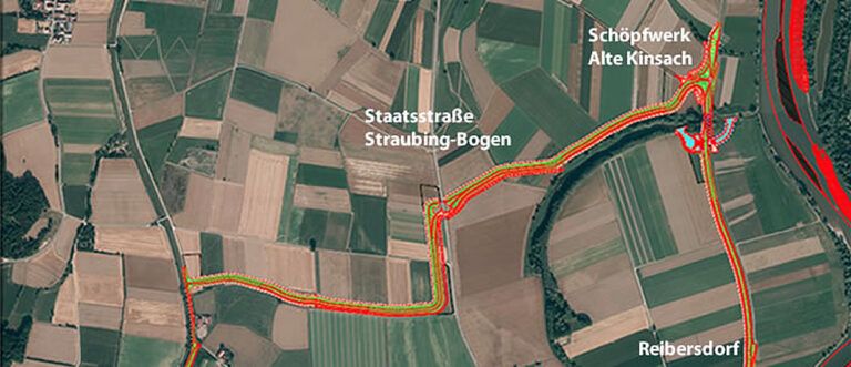 Der neu zu bauende Deich Lenach schließt als Querdeich im Süden an den Deich Alte Kinsach und im Norden an den Deich Kinsach an.