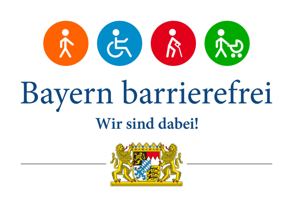 Logo "Bayern barrierefrei - wir sind dabei" mit Stichmänchen: Rollstuhlfahrer, Kinderwagen, mit Krücken.
