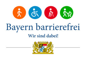 Logo "Bayern barrierefrei - wir sind dabei" mit Stichmänchen: Rollstuhlfahrer, Kinderwagen, mit Krücken.